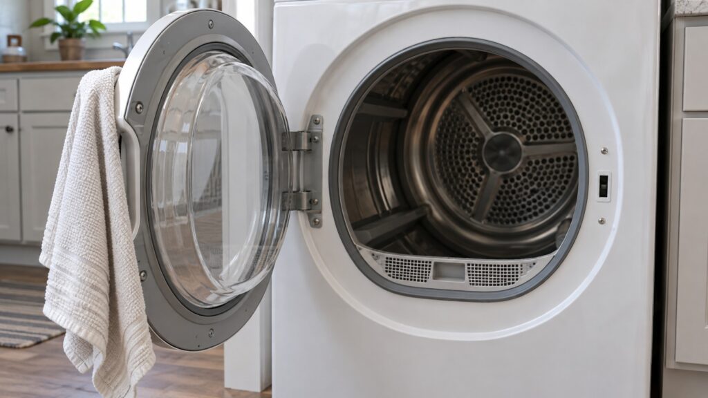 Close-up of the open door and lint filter slot of a clothes dryer with the door open, seen straight on from the front, with a kitchen towel draped over the handle.