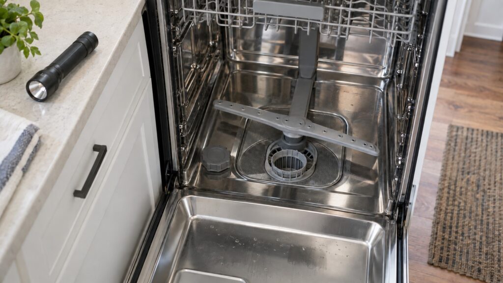 Close-up of the open lower basin of a stainless dishwasher with the filter and spray arm with the door open, seen from slightly above, with a flashlight lying on the counter.