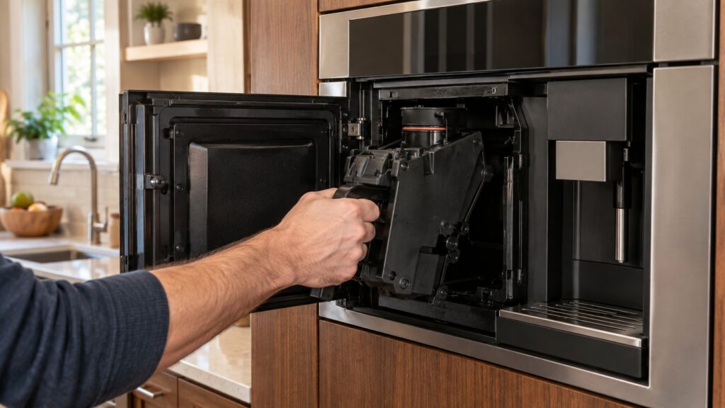 A built-in automatic coffee machine with its front door open, the removable brewing group being lifted out by hand.