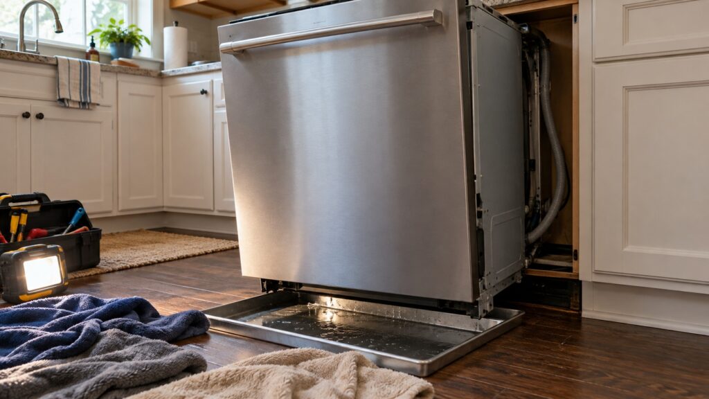 A dishwasher pulled forward from its cabinet opening, a shallow metal base tray underneath holding a small pool of water.