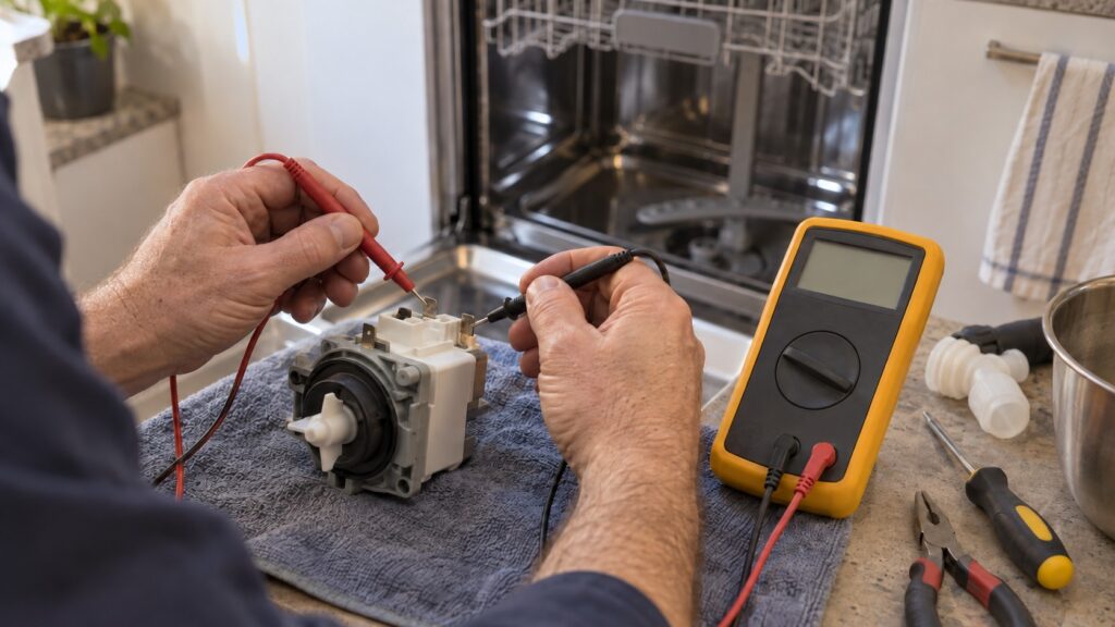 A technician's hands with a multimeter testing a dishwasher drain pump removed from the machine and resting on a work cloth.