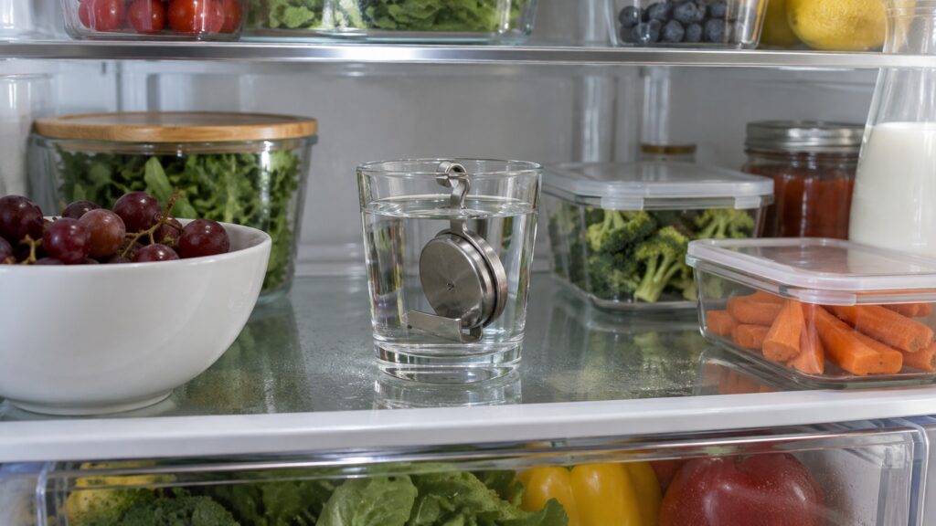 A standalone fridge thermometer standing in a glass of water on the middle shelf of a well-stocked refrigerator.