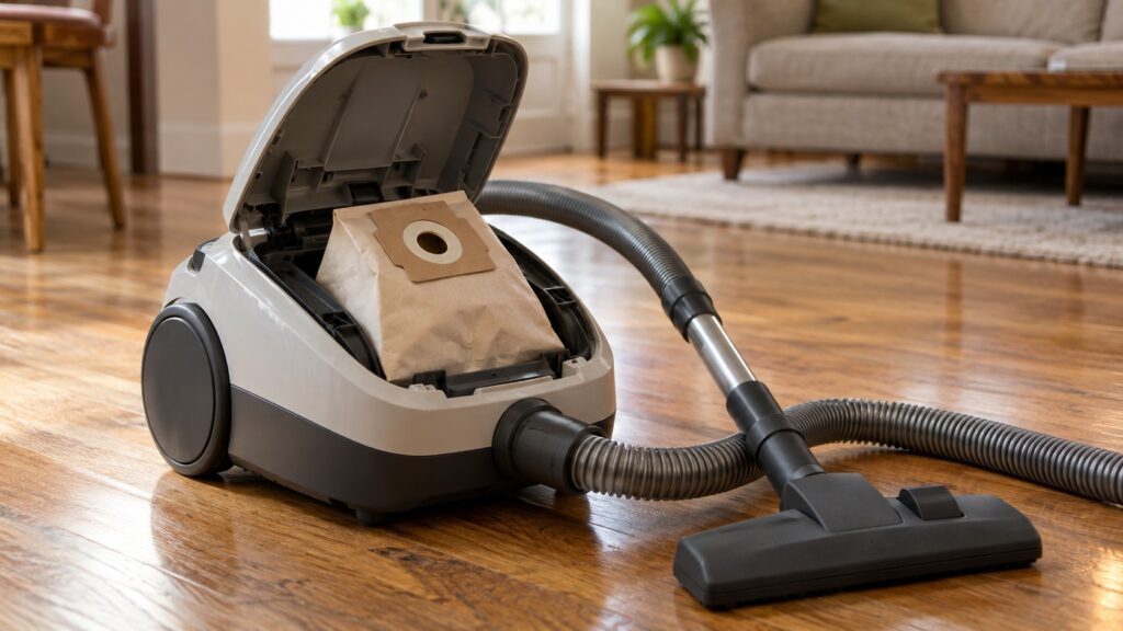 A canister vacuum cleaner with its lid open and a paper dust bag half lifted out, the hose and floor tool beside it.