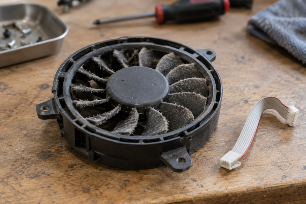 A small cooling fan removed from beneath an induction cooktop, its blades coated in dust.