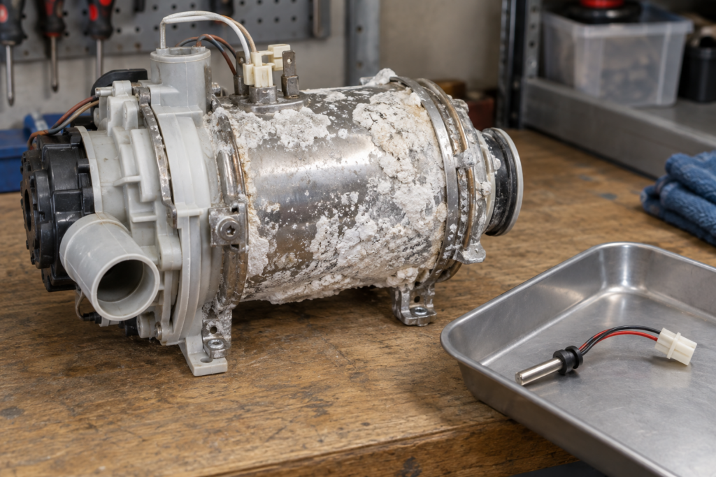 A dishwasher flow through heater removed from the machine, its stainless body crusted with limescale, a small two wire temperature sensor in a tray beside it.