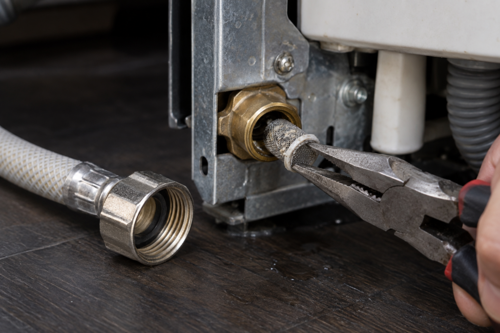 Pliers lifting the small mesh inlet screen out of the brass fill port at the back of a built-in dishwasher, the unscrewed hose lying alongside.