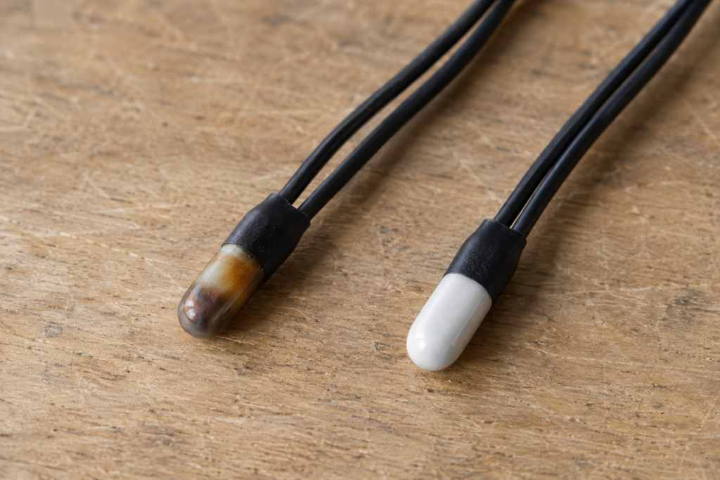 Two small NTC temperature sensors side by side, one discolored and one brand new.