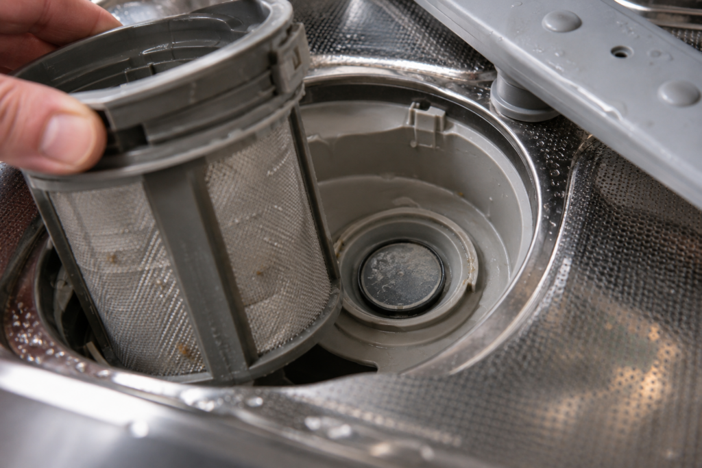 A dishwasher's filter assembly lifted partway out, a small sensor lens visible behind it coated in residue.