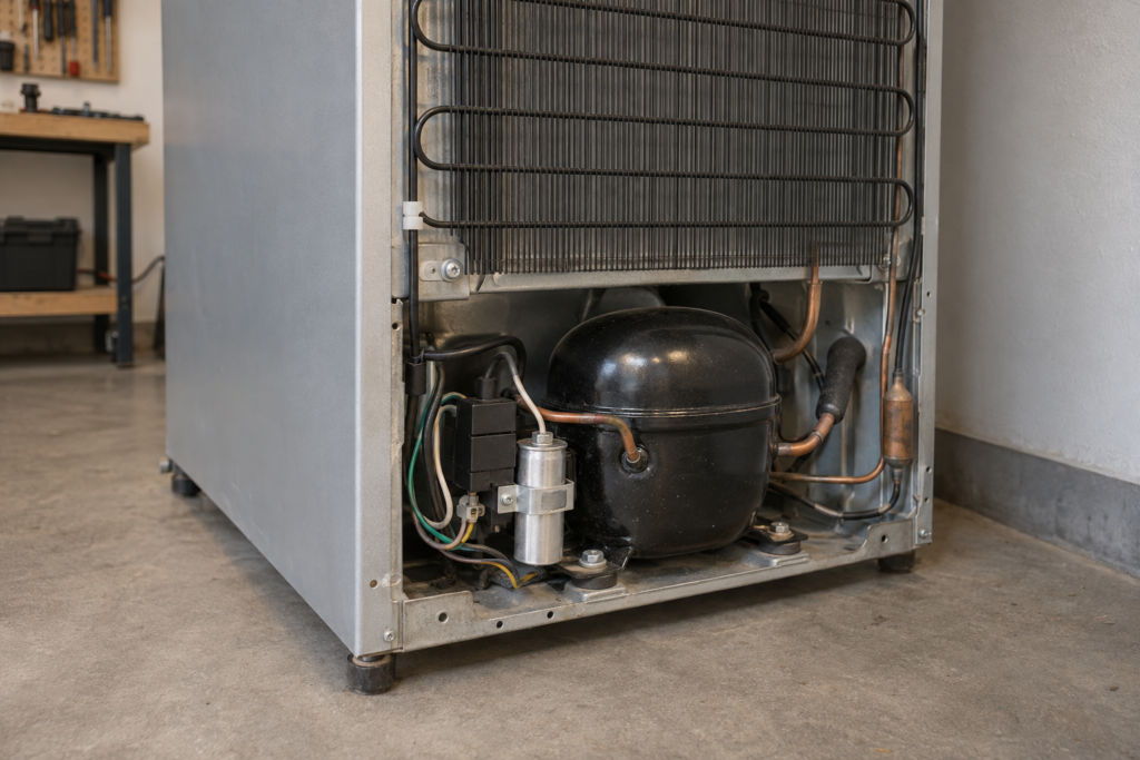 A refrigerator compressor unit exposed at the back of the unit, a start relay and run capacitor clipped to its side.
