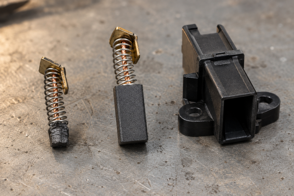 Two carbon motor brushes side by side on a workbench, the left worn almost to its spring and the right new and full length, with a plastic brush holder alongside.