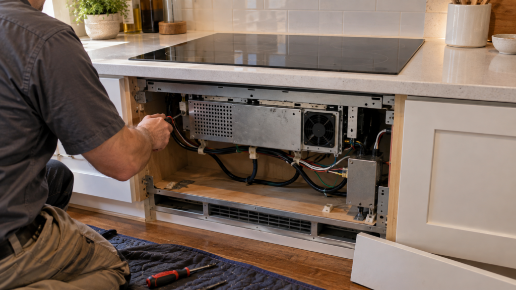 An induction cooktop with its front kick panel removed, revealing the electronics compartment underneath.
