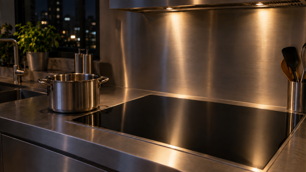 A kitchen at night, an empty pot beside an induction cooktop catching a dim reflected glow from the range hood light above.