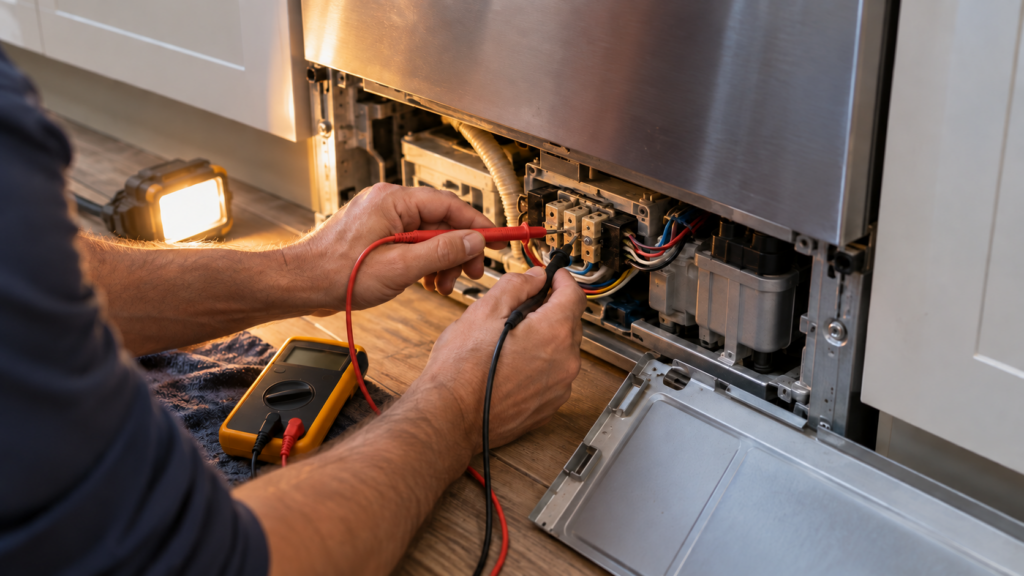 A multimeter's probes touching two wire terminals inside the open lower service panel of a dishwasher.