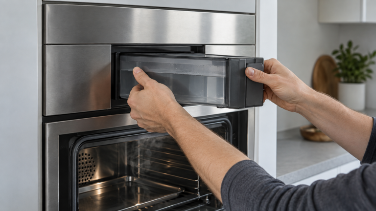 Two hands drawing the removable water tank out of the front of a built-in steam oven, steam still at the door seal.