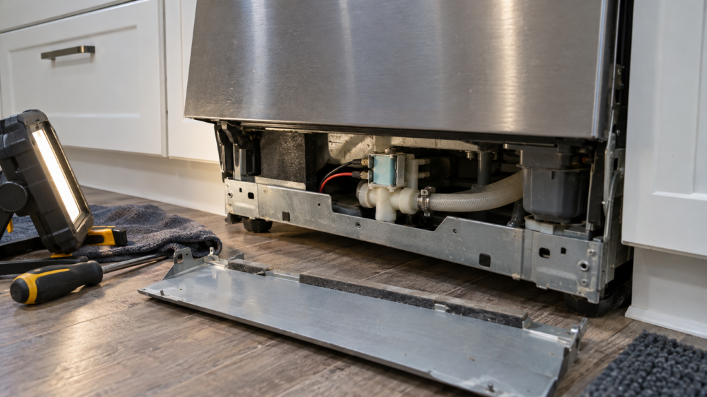 The lower access panel taken off a built-in dishwasher tipped back on the kitchen floor, exposing the inlet solenoid valve with its two wires and the supply hose clamped to it.