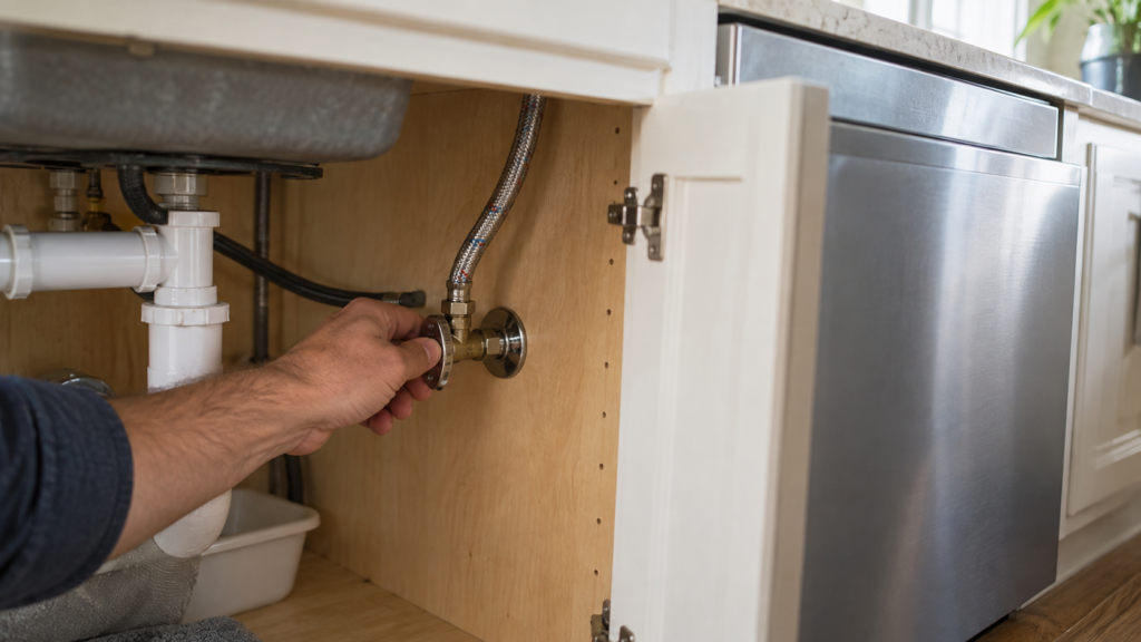 A hand on the shut-off valve under a kitchen sink, with the braided supply line running to the built-in dishwasher.