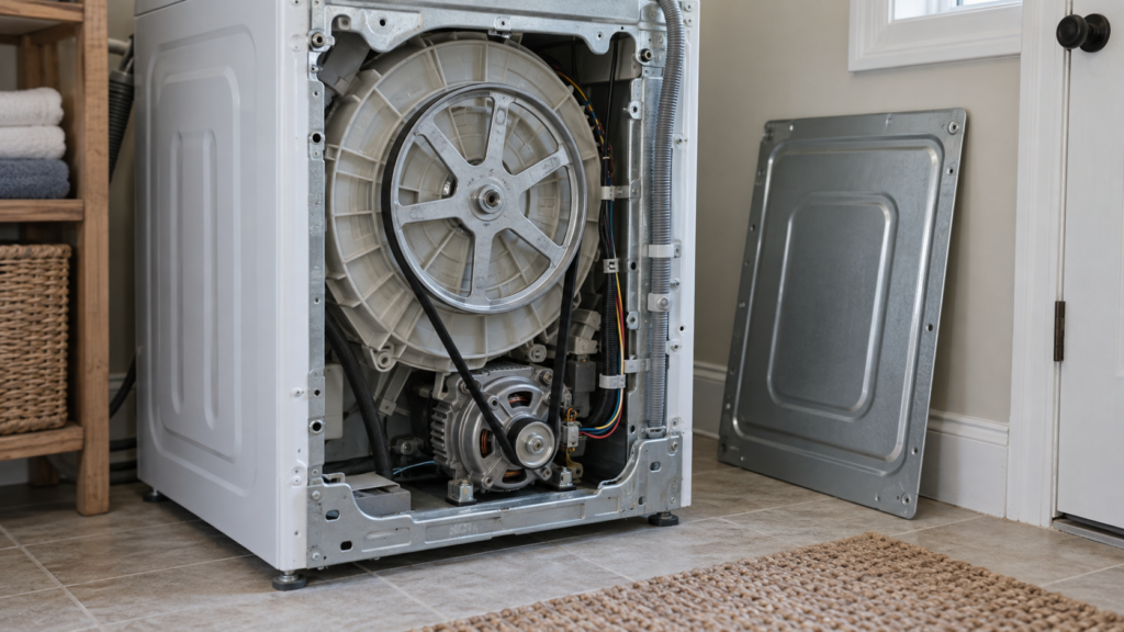 The rear panel of a front-load washing machine removed, exposing the drive motor, the ribbed belt and the drum pulley.