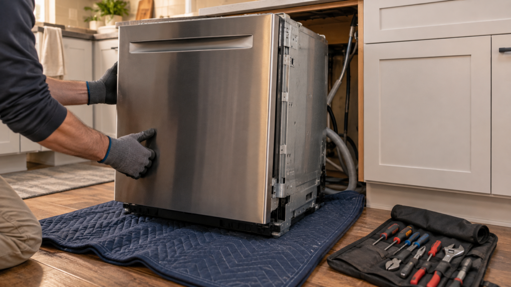 Gloved hands easing a built-in dishwasher out of its cabinet onto the kitchen floor, a tool roll open alongside.