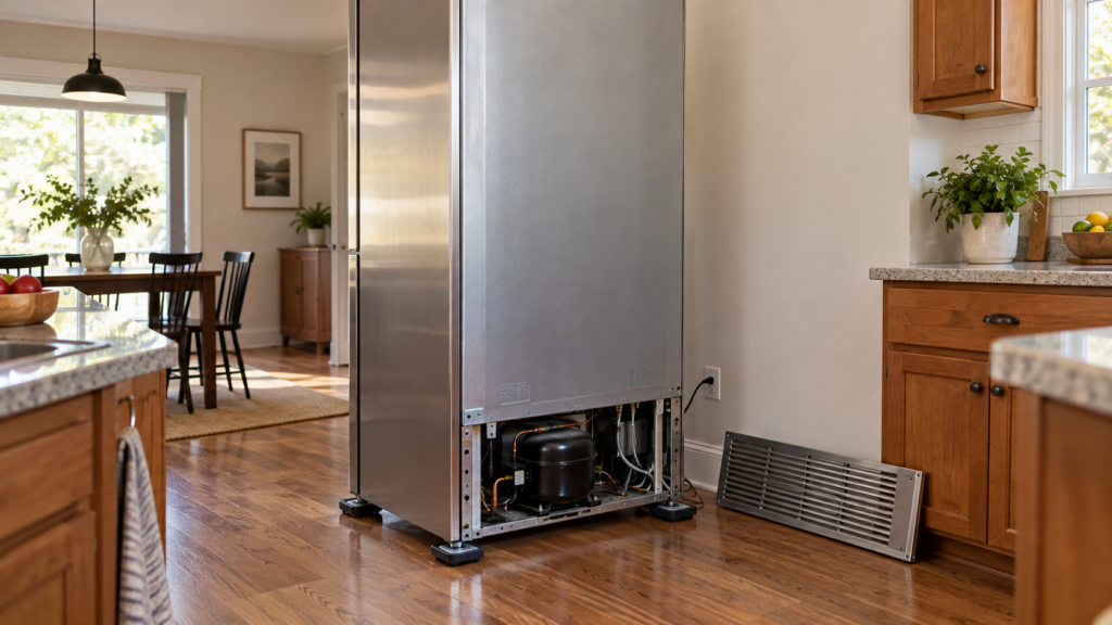 A tall refrigerator pulled away from the kitchen wall on sliders, its rear grille panel removed.