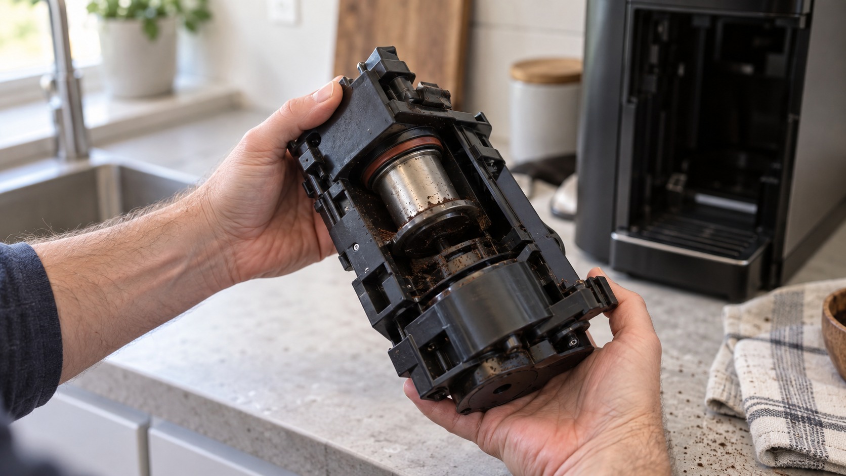 Close-up of a removable coffee machine brew unit held in two hands over a kitchen counter, its plastic housing, metal piston and rubber seals visible along with fine coffee grounds.