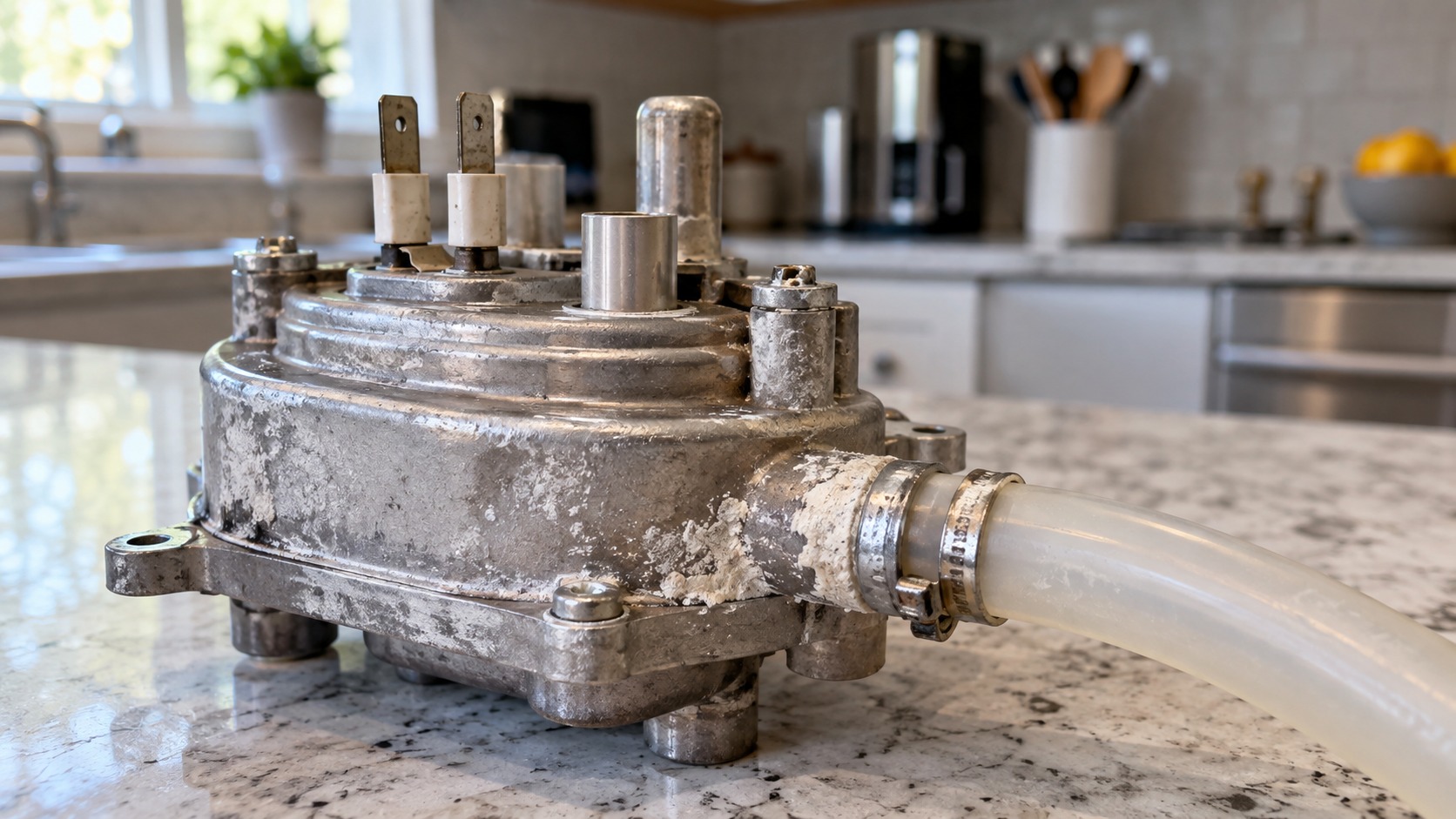 Macro close-up of a coffee machine water circuit part on a kitchen counter, a thermoblock heater with scale deposits on its metal surface and a short silicone hose attached.