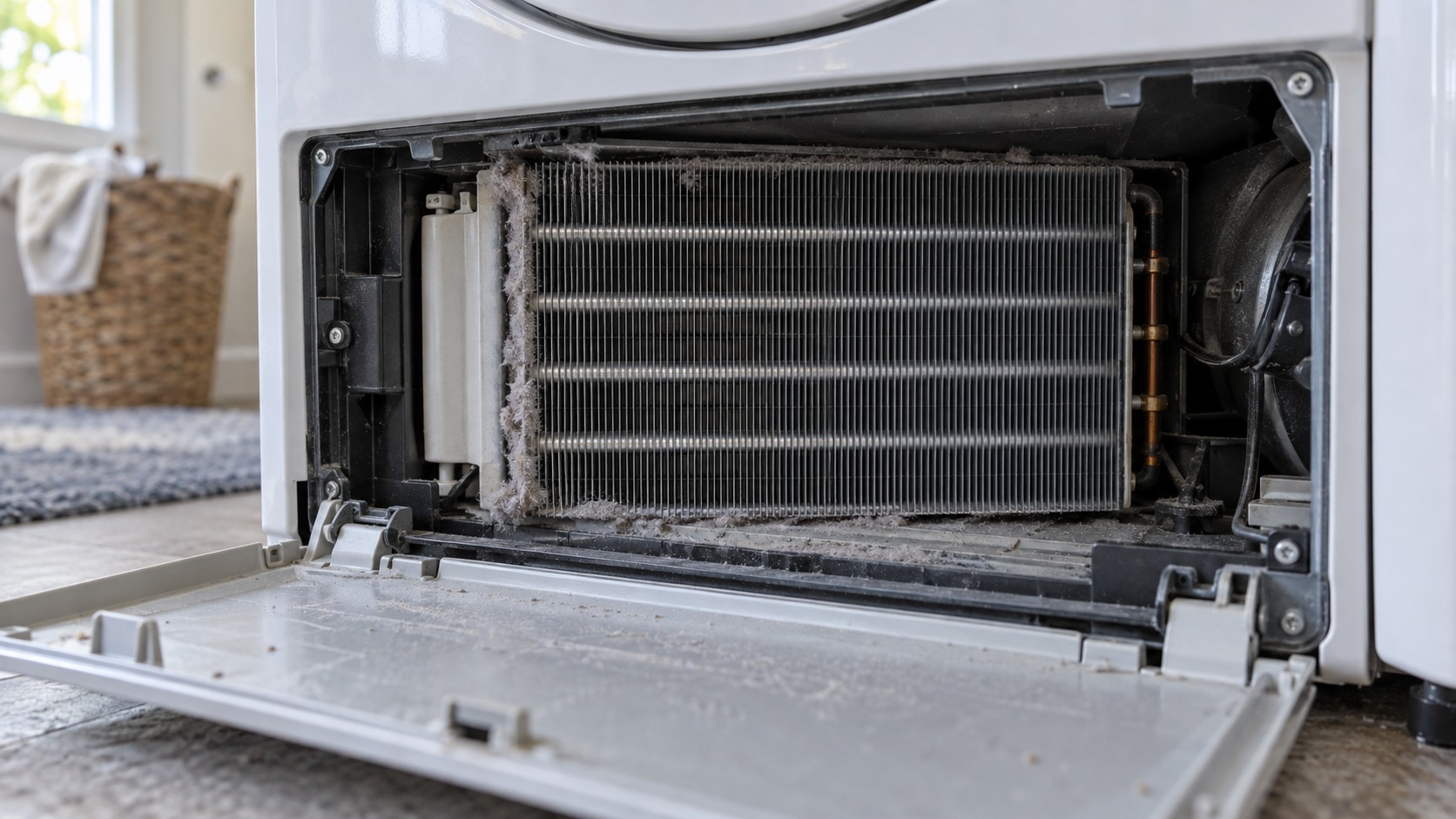 Close-up of the lower service panel of a heat pump clothes dryer opened to show the heat exchanger block and its fins, lint dust visible on the edges.