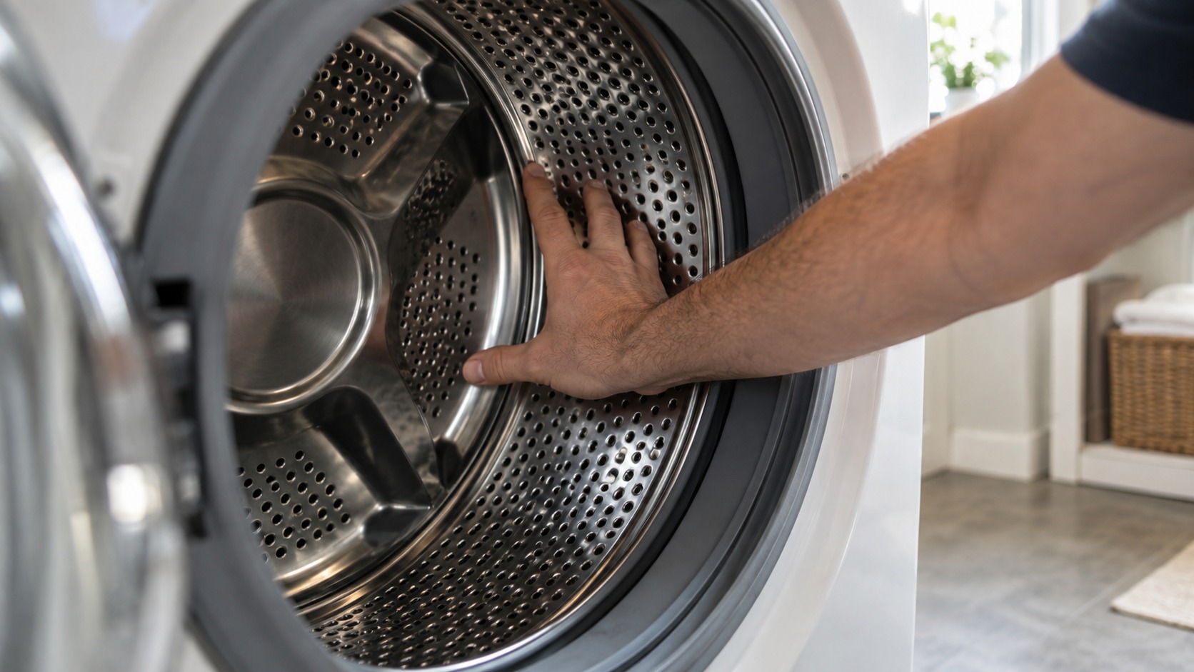 Close-up of a washing machine drum seen through the open door, a hand pressing the stainless drum to test play in the bearing.