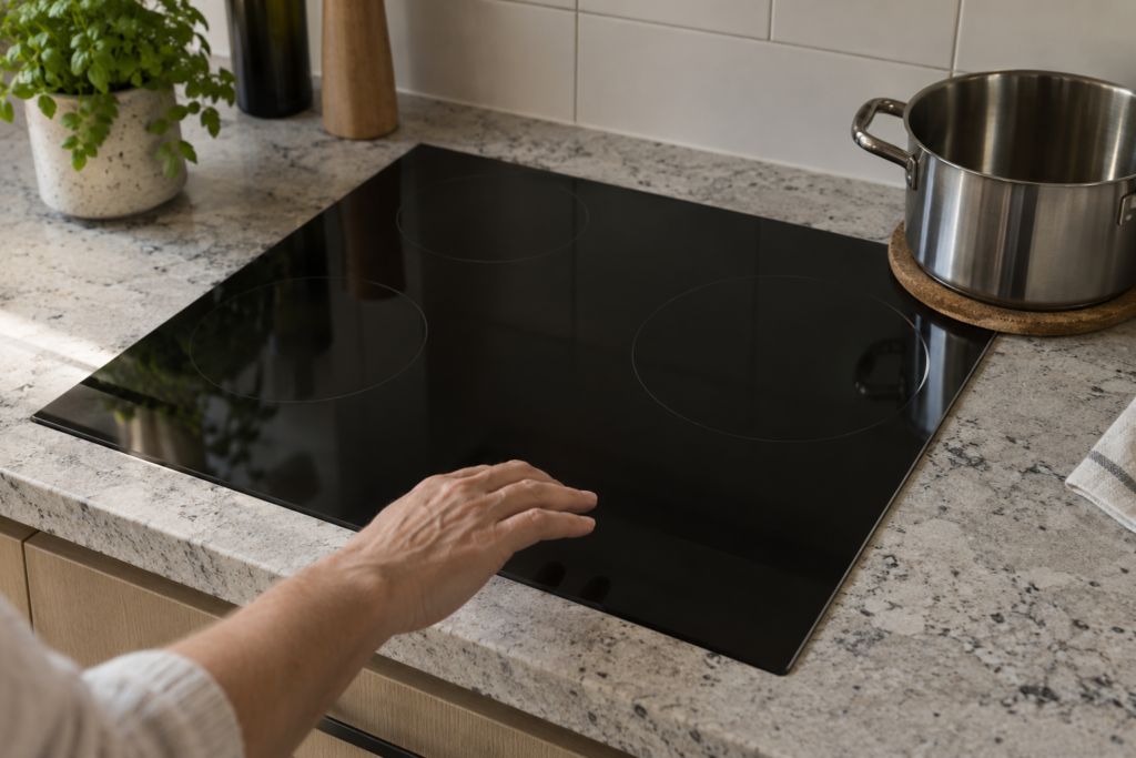 A black glass induction cooktop with every zone dark and a hand lifting away from the touch strip.