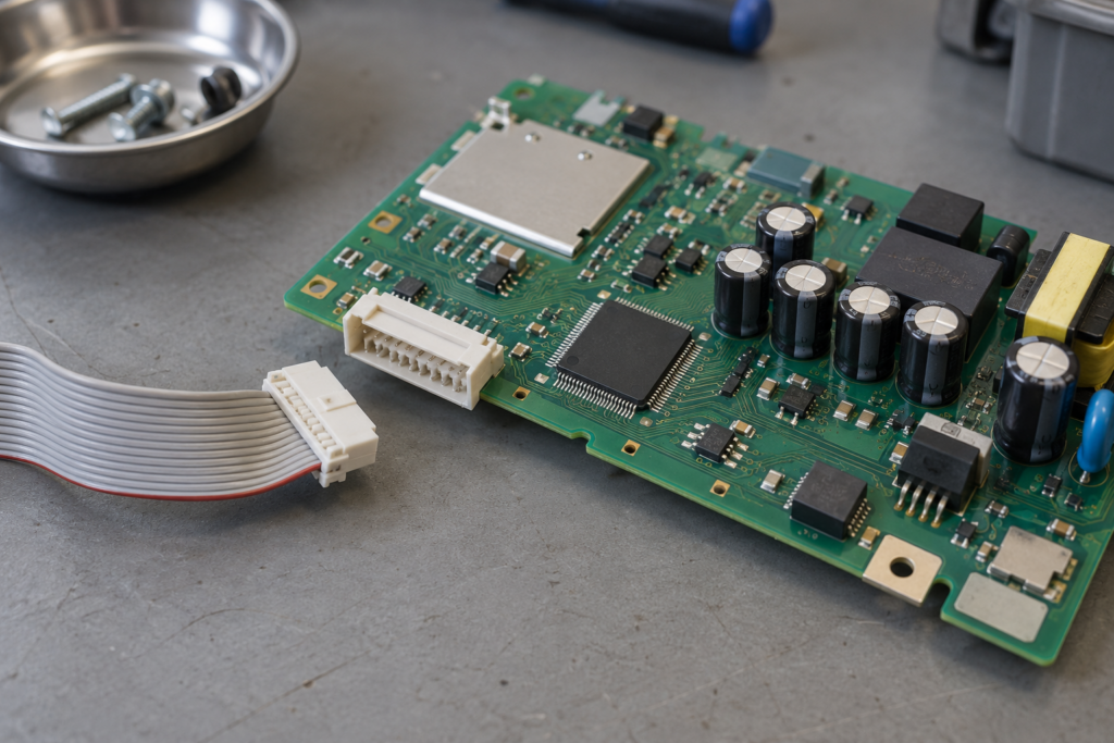 A dishwasher control board on a workbench with a flat ribbon cable unplugged from its connector.