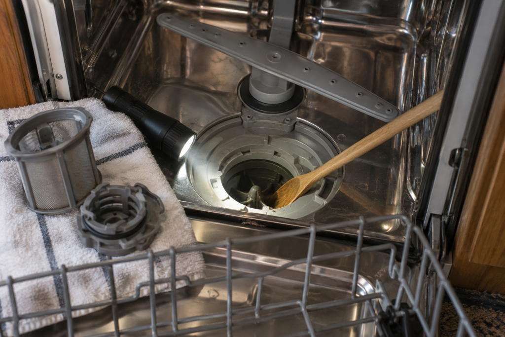 A flashlight beam into the empty sump of an open dishwasher with the filters removed and a wooden spoon handle resting at the pump opening.