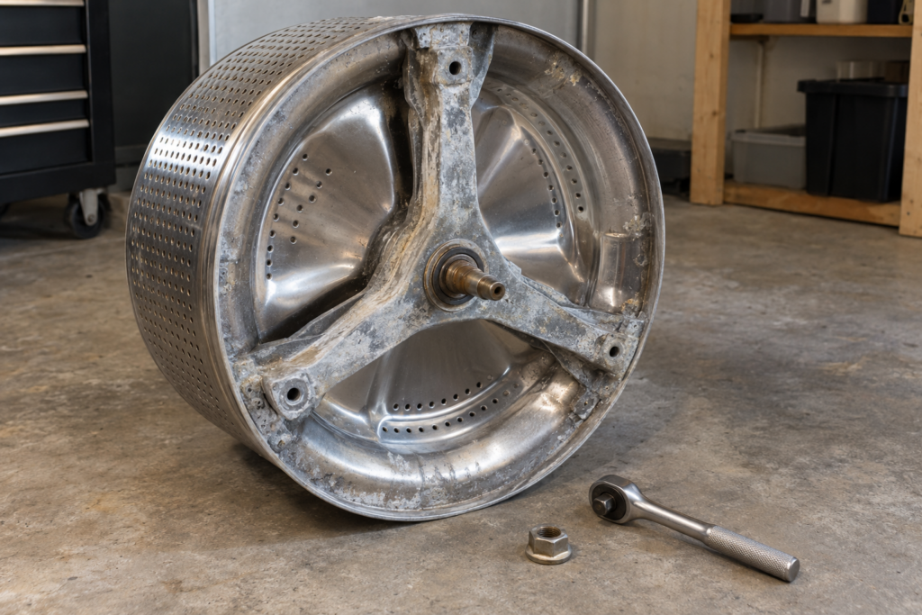 The back of a front-load washer drum with a cast three-arm bracket at its centre coated in grey-white corrosion.