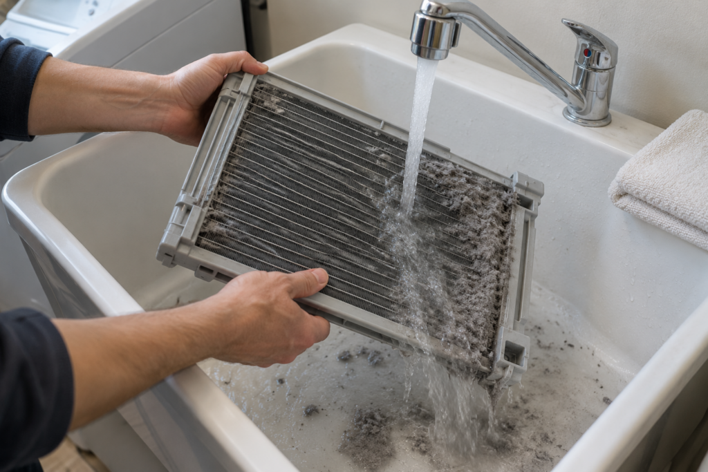 Two hands rinsing a flat plastic heat exchanger under a laundry-tub faucet, lint washing off its fins.