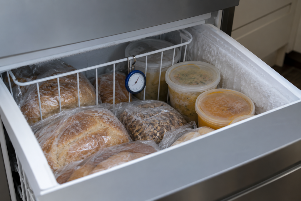 A small analog dial thermometer hangs on the wire basket rim among frozen bread loaves and soup tubs in an open freezer drawer.