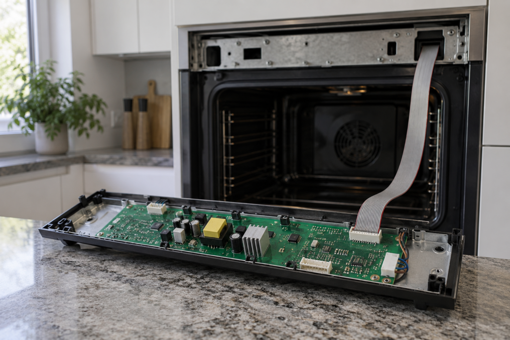 A built-in oven control panel lies face down on a stone countertop with its circuit board exposed and a flat ribbon cable attached.