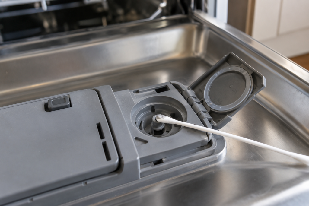 A cotton swab resting in the nozzle area of a dishwasher rinse aid dispenser with a trace of dried residue on its tip.