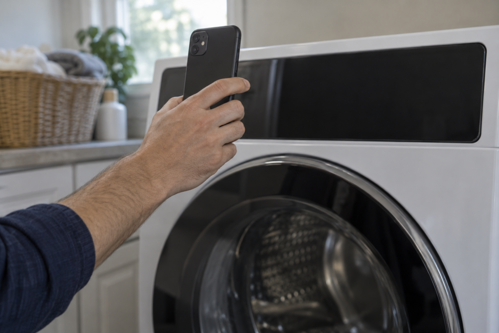 A hand holding a smartphone to record the dark control panel of a front-load washing machine.