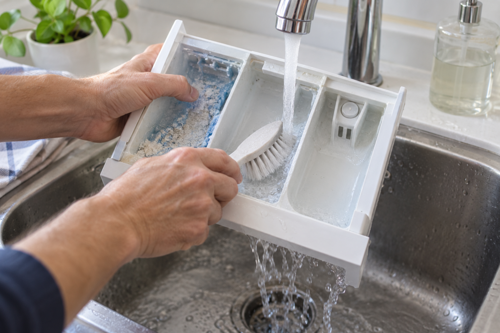 A detergent drawer from a washing machine rinsed under a tap while a small brush scrubs one compartment.