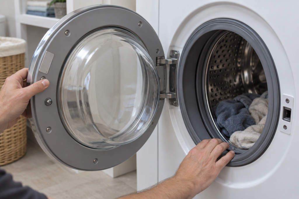 A hand holds open the glass door of a front-load washing machine so a small silver rating plate on the door frame is visible.