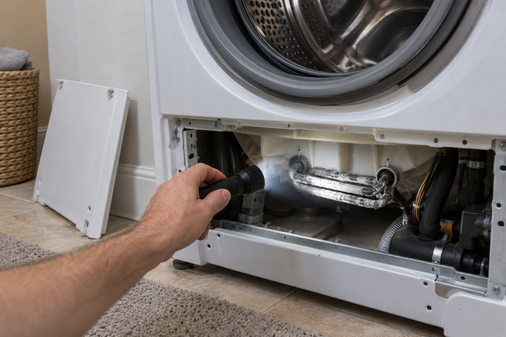 A flashlight lights the curved heater tube at the bottom of a washing machine tub through the removed lower front panel.
