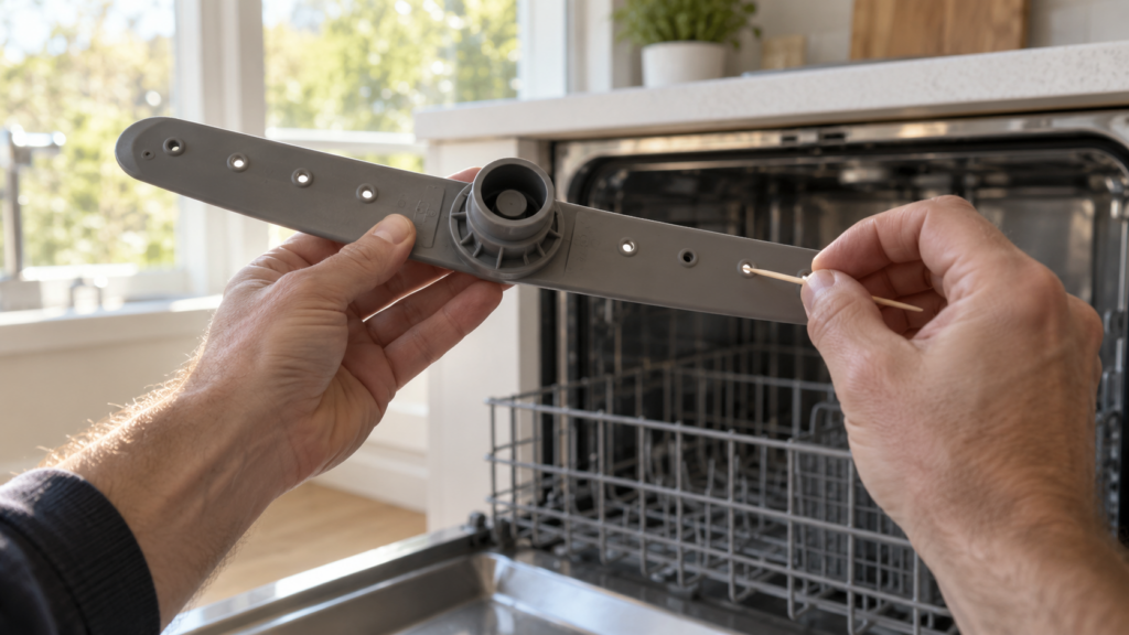A hand holding a removed dishwasher spray arm up to a window so light shows through its nozzle holes, a toothpick in the other hand.
