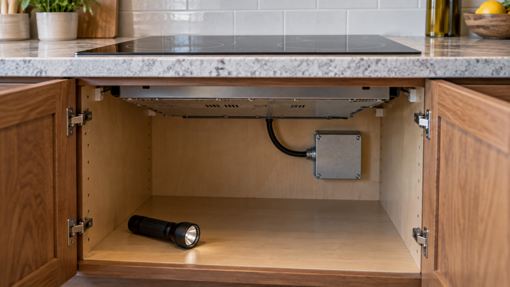 The cabinet beneath an induction cooktop opened to show a sealed junction box and a cable, with a flashlight resting on the cabinet floor.