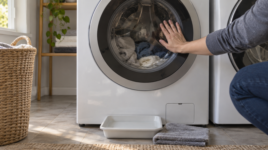 A hand resting on the closed glass door of a front-load washing machine, with a shallow tray and a folded towel on the floor in front of it.