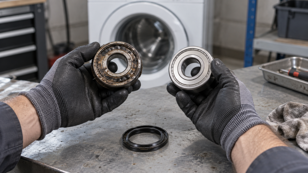 Gloved hands holding a worn steel drum bearing next to a clean new bearing and seal ring on a workbench.
