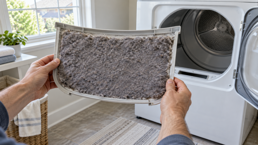 A tumble dryer lint filter held toward a window with a thick mat of lint blocking the mesh.