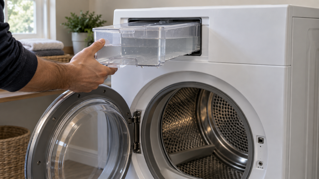 A removable plastic water tank slid half out of a tumble dryer's front fascia over an empty drum.