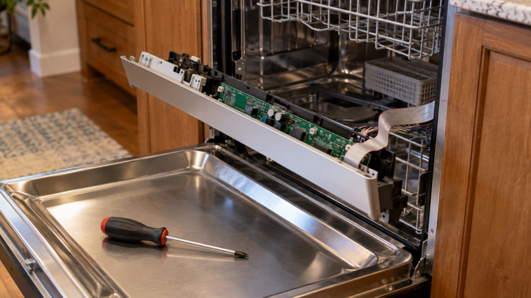 An open dishwasher with its outer fascia unscrewed and hanging by a flat ribbon cable, the control board behind it.