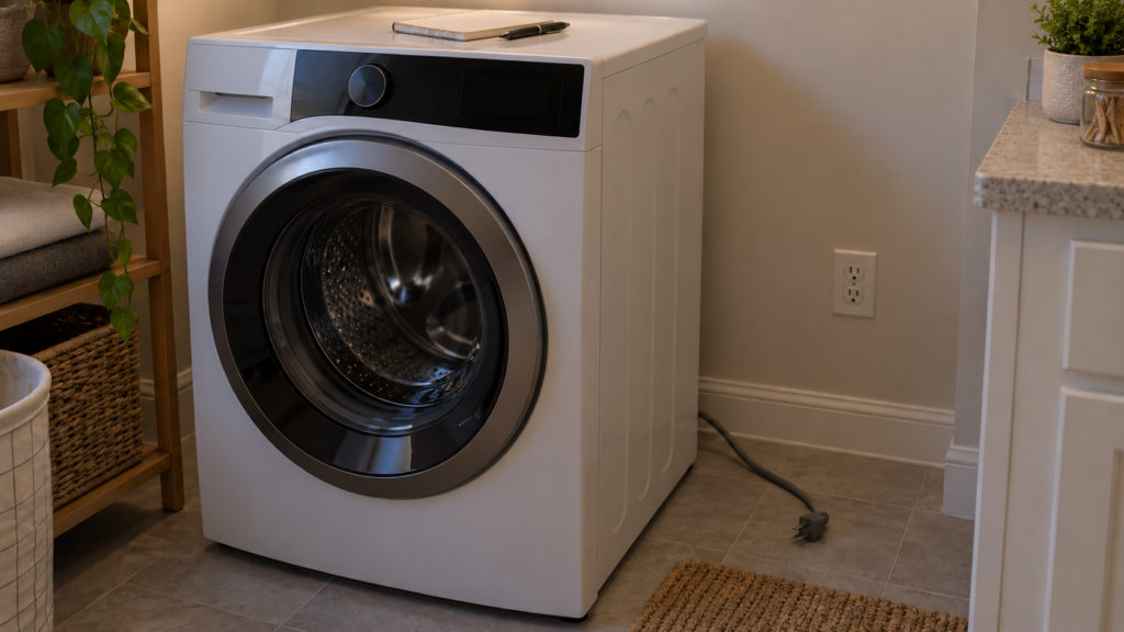 A washing machine power cord pulled out of a wall outlet in a laundry room, with a notebook and a pen on the machine top.