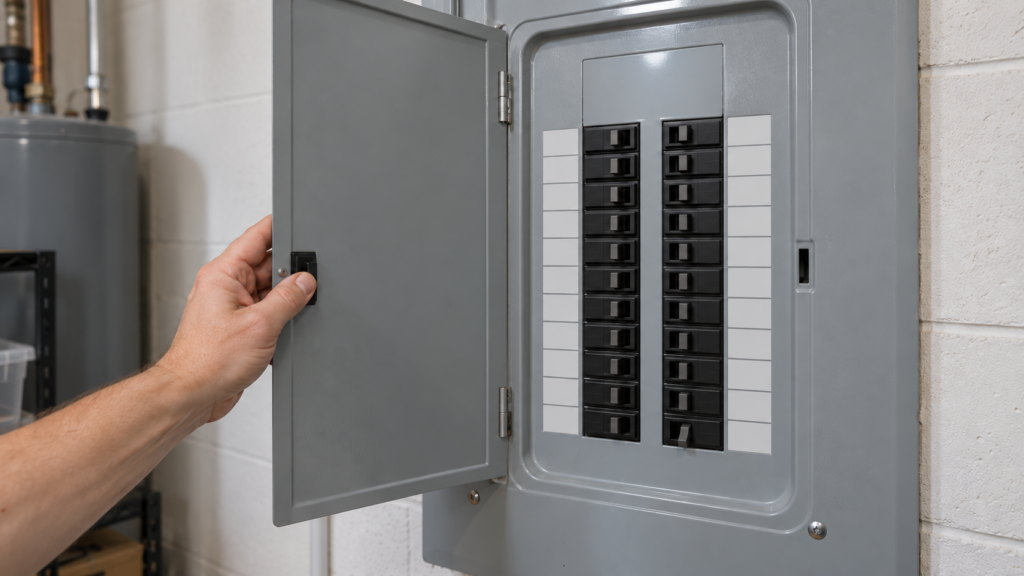 A bare hand holds open the door of a household breaker panel with rows of identical breaker switches.