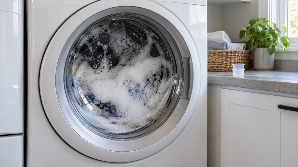 Thick white soap suds pressed against the inside of the round glass door of a front-load washing machine, a small measuring cap on the laundry counter beside it.