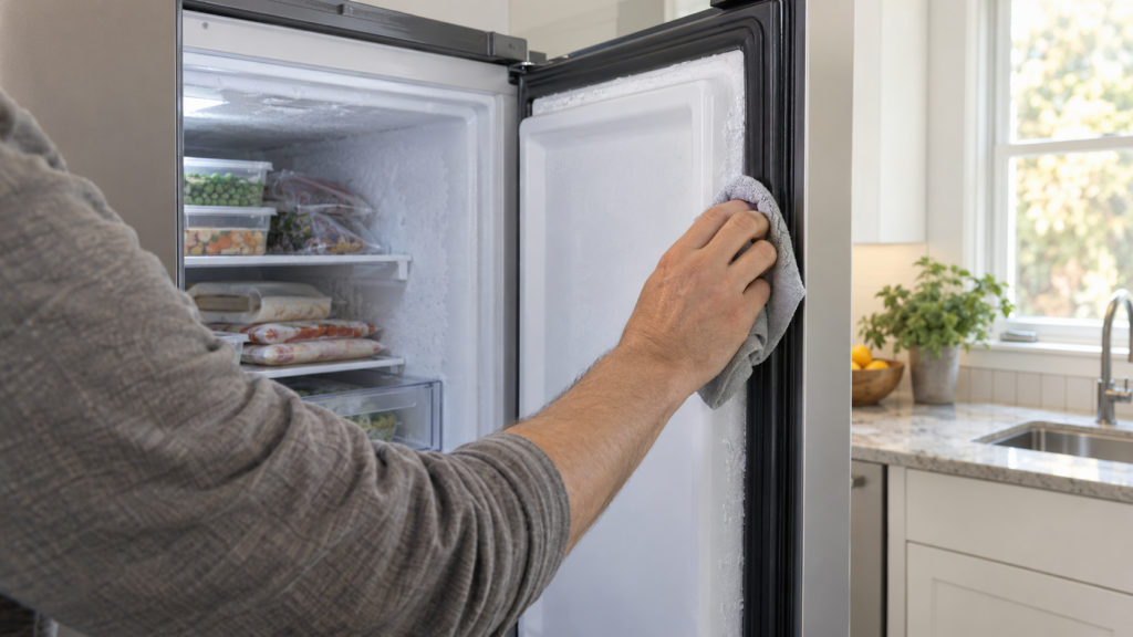 A bare hand wipes the black rubber seal of an open freezer door with a damp cloth.